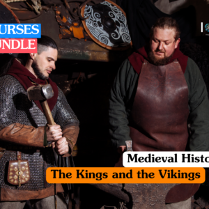 Medieval history training banner showing a dramatic artistic depiction of Viking longships with red and white striped sails navigating through rough seas towards a rugged coastline.