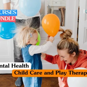 Child psychology and mental health training banner featuring a young child and a female therapist sitting on a colorful rug, engaging in a therapeutic play session with wooden building blocks.