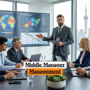 Middle Manager Management course banner with business meeting in modern office overlooking Shanghai skyline Oriental Pearl Tower six professionals seated at conference table with laptops and documents while presenter in suit explains charts on large screen showing regional market share and project timeline.