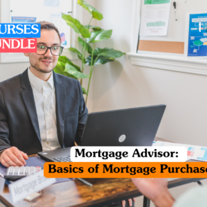 Mortgage advisor training banner featuring a male professional in a dark suit and glasses sitting at a wooden desk with a laptop and calculator, engaged in a consultation with a client.