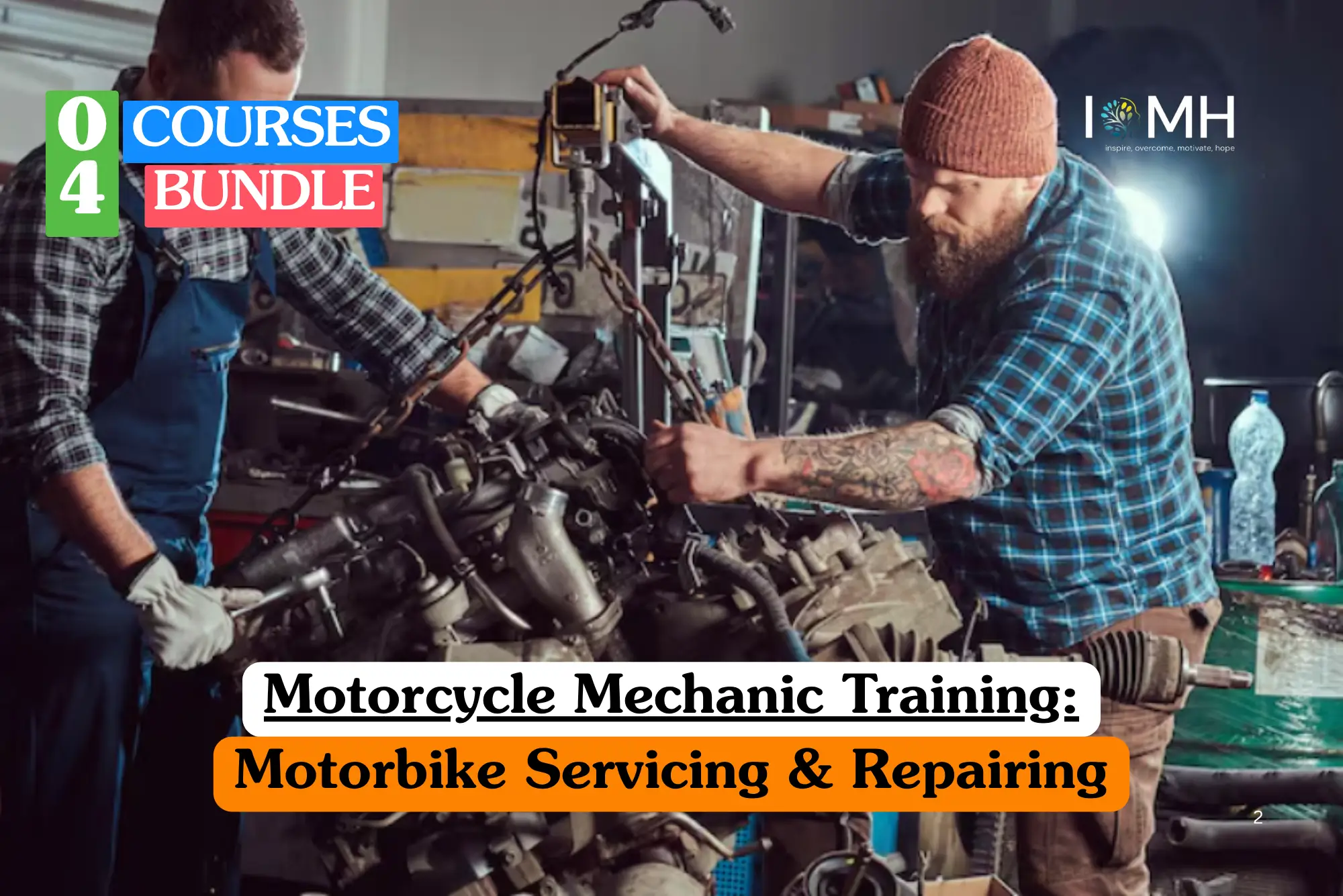 Theoretical automotive engineering and motorcycle maintenance training banner featuring two professional mechanics in a workshop, with one technician in a plaid shirt and beanie inspecting a disassembled motorbike engine.
