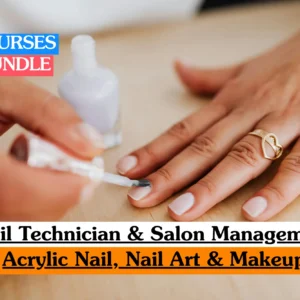 Theoretical cosmetology and beauty business training banner featuring a close-up of a technician applying a pale neutral polish to a client's fingernail, representing the study of manicuring techniques, acrylic application, nail health, makeup artistry, and salon operational management.