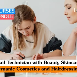 Theoretical aesthetic beauty and professional salon services training banner featuring a young trainee carefully applying polish to a client's fingernails under the close supervision of an experienced beauty therapist.