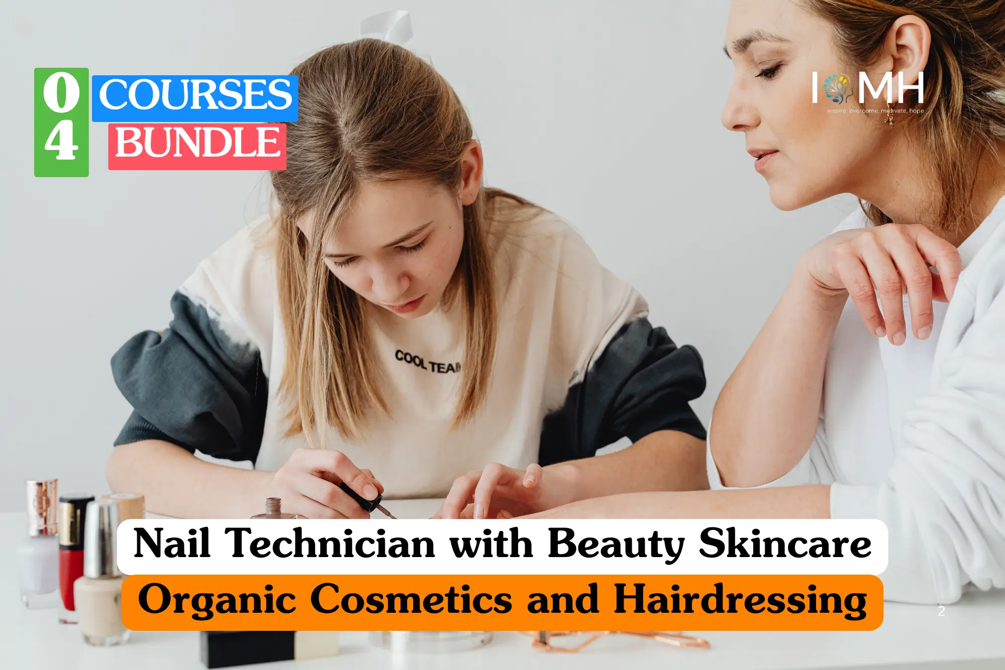 Theoretical aesthetic beauty and professional salon services training banner featuring a young trainee carefully applying polish to a client's fingernails under the close supervision of an experienced beauty therapist.