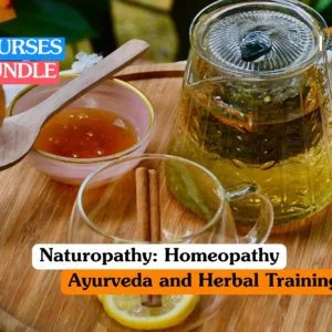 Theoretical naturopathy and holistic health training banner featuring a wooden tray with a glass teapot of herbal tea, a bowl of honey, cinnamon sticks, and a fresh lemon slice.