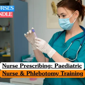 Theoretical healthcare and clinical nursing training banner featuring a female practitioner in green medical scrubs and a surgical mask examining a blood sample tube, representing the study of paediatric nursing care, phlebotomy procedures, and clinical prescribing protocols.