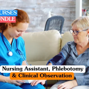 Theoretical healthcare and clinical skills training banner featuring a female nursing assistant in blue scrubs using a blood pressure monitor on an elderly patient seated on a cream sofa.