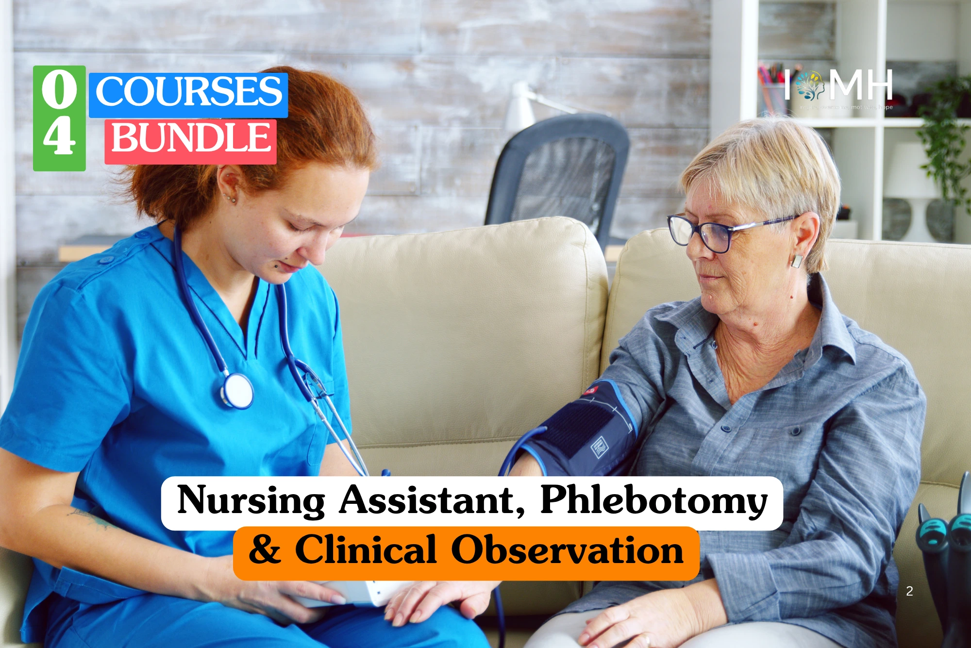 Theoretical healthcare and clinical skills training banner featuring a female nursing assistant in blue scrubs using a blood pressure monitor on an elderly patient seated on a cream sofa.