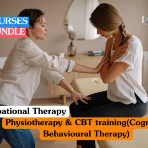 Rehabilitation training banner featuring a female therapist assisting a client with seated physical therapy exercises in a bright, modern studio setting.