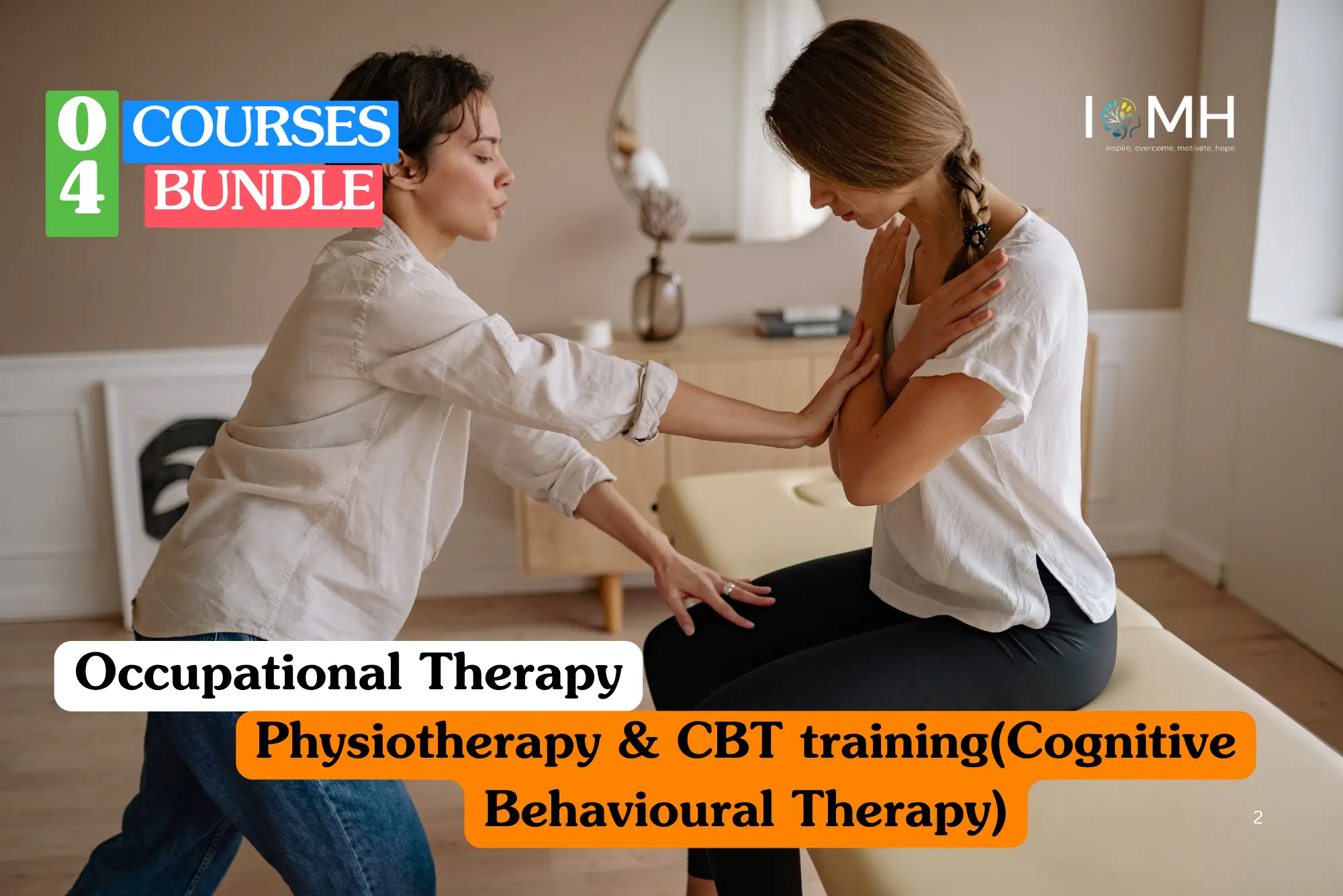 Rehabilitation training banner featuring a female therapist assisting a client with seated physical therapy exercises in a bright, modern studio setting.