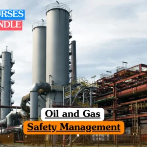 Theoretical industrial health and safety training banner featuring an expansive view of a complex oil and gas refinery with tall storage silos, intricate pipeline networks, and steel structural infrastructure, representing the study of risk assessment, hazardous materials handling, and high-risk environment safety protocols.