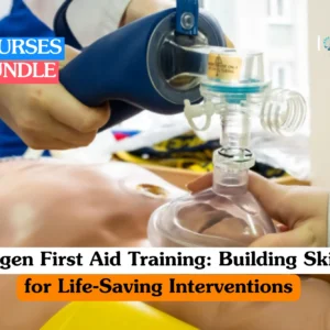 Emergency first aid training banner depicting a close-up of a medical professional's hands carefully placing an oxygen mask and resuscitator over the face of a training mannequin.