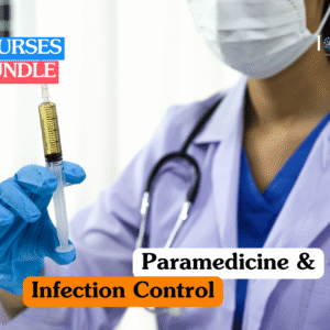 Healthcare training banner featuring a medical professional in a purple lab coat, face mask, and blue gloves holding a syringe filled with yellow liquid, highlighting infection control protocols in paramedicine.