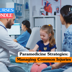 Paramedicine training banner showing a male healthcare professional in a white coat examining a young girl's arm in a clinical setting, demonstrating injury assessment and medical management strategies.