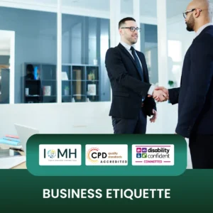 Business etiquette training banner featuring two professional men in dark suits shaking hands in a bright, modern glass-walled office to demonstrate corporate networking and professional conduct.