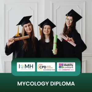 Professional Mycology Diploma banner featuring three smiling female graduates in black academic caps and gowns holding their rolled diplomas against a white classic paneled wall.