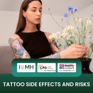 Tattoo side effects and risks training banner featuring a young woman with elaborate tattoos on her arms carefully arranging white and blue flowers in a black vase.