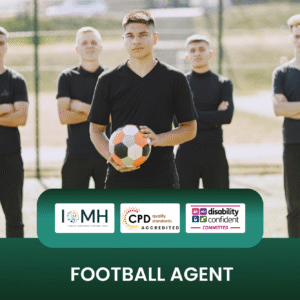 Football agent training banner featuring a young athlete in a black V-neck shirt holding a soccer ball, standing in front of four teammates with crossed arms on an outdoor pitch.