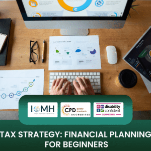Tax strategy and financial planning training banner featuring a top-down view of a professional workspace with a person’s hands on a keyboard, surrounded by financial charts, a tablet, and a coffee cup.