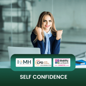 Self-confidence training banner featuring a smiling professional woman sitting at a desk with a laptop, raising her fists in a celebratory gesture of success and motivation.
