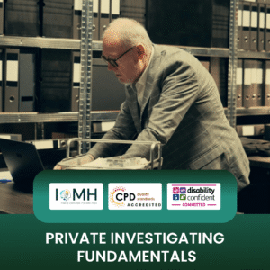 Private investigating fundamentals training banner featuring a professional man in a grey suit and glasses reviewing files in a large archives room with a laptop and mobile cart.