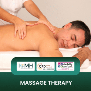 Massage therapy training banner featuring a therapist's hands performing a back massage on a male client lying on a white massage table in a professional clinical setting.