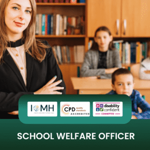 School Welfare Officer training banner featuring a professional woman in a black blazer standing with crossed arms in a classroom, with students and bookshelves in the background.