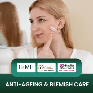 Anti-ageing and blemish care training banner featuring a blonde woman using a rose quartz facial roller on her cheek while looking into a mirror in a bright, clean setting.