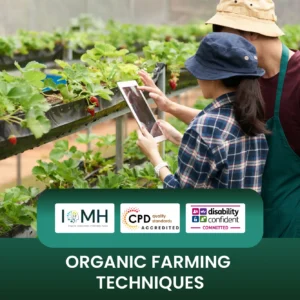 Organic farming techniques training banner featuring two farmers in hats using a digital tablet to monitor a vertical strawberry crop in a professional greenhouse environment.