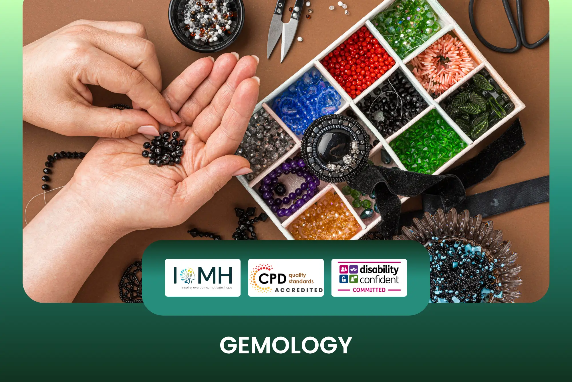 Gemology training banner featuring a top-down view of a professional workspace where an individual is sorting black gemstones by hand next to a white box filled with various colorful beads and jewelry components.