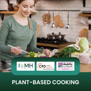 Plant-based cooking training banner featuring a woman in a green long-sleeved shirt preparing a fresh salad in a modern kitchen, with a mesh bag of fresh vegetables on the counter.