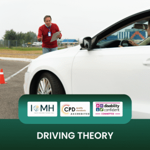 Driving theory training banner featuring a professional instructor in a red sweater holding a clipboard while guiding a student driver in a white car on a practice course with orange cones.