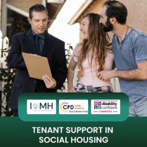 Tenant support in social housing training banner featuring a professional housing officer in a dark suit reviewing a clipboard with a young couple in front of a residential home.