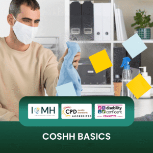 COSHH basics training banner featuring two professionals wearing white face masks cleaning a glass partition in an office setting with a blue cloth and spray bottle.