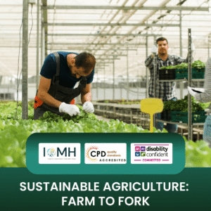 Sustainable agriculture training banner featuring workers in a large industrial greenhouse harvesting fresh green lettuce leaves from hydroponic rows.