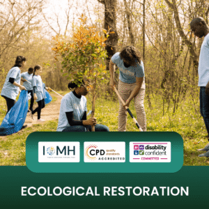 Ecological restoration training banner featuring a group of volunteers planting trees and clearing litter in a sunlit woodland area to support environmental conservation.
