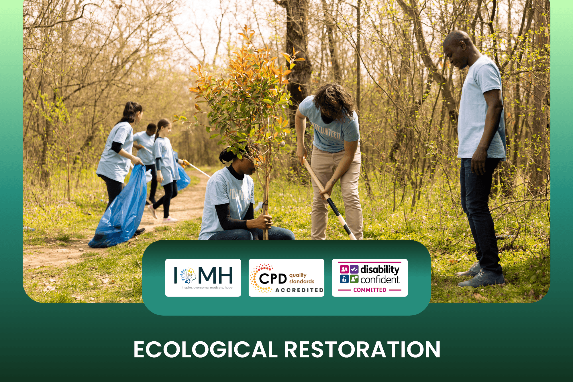Ecological restoration training banner featuring a group of volunteers planting trees and clearing litter in a sunlit woodland area to support environmental conservation.