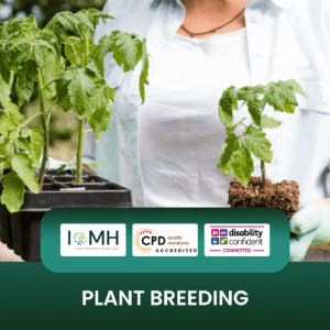 Plant breeding training banner featuring a professional gardener in a white shirt and green gloves holding a tray of tomato seedlings and a single young plant with roots.