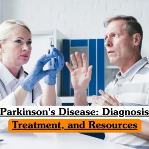 Theoretical neurological healthcare and clinical diagnosis training banner featuring a female medical professional in a white lab coat and blue gloves holding a syringe, while a male patient looks on during a medical consultation.