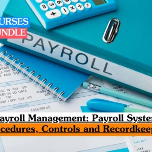 Theoretical accountancy and business administration training banner featuring a top-down view of essential financial tools including a teal "PAYROLL" lever arch file, a blue calculator, a spiral notebook, and a blue pen resting on detailed salary payslips, representing the study of HMRC compliance, statutory payment calculations, data security, and efficient financial recordkeeping.