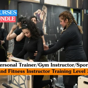 Theoretical fitness coaching and pilates instruction training banner featuring a female instructor with braided hair assisting a student on a reformer machine in a modern gym studio with large mirrors.