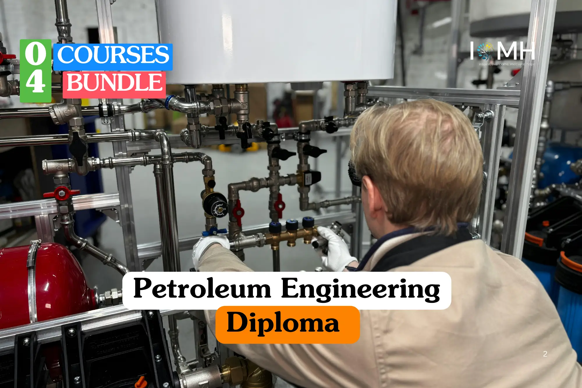 Theoretical industrial engineering and oil and gas infrastructure training banner featuring an engineer in white protective gloves performing a technical inspection of complex stainless steel piping and valve systems.