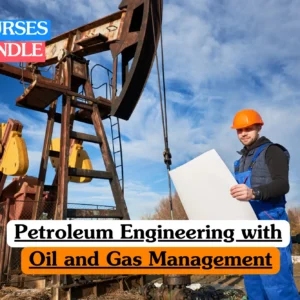 Theoretical industrial engineering and energy sector training banner featuring a male engineer in a bright orange hard hat and blue protective overalls holding a technical blueprint in an outdoor field with a large yellow and brown pumpjack, representing the study of extraction technologies, petroleum reservoir engineering, and fossil fuel infrastructure management.