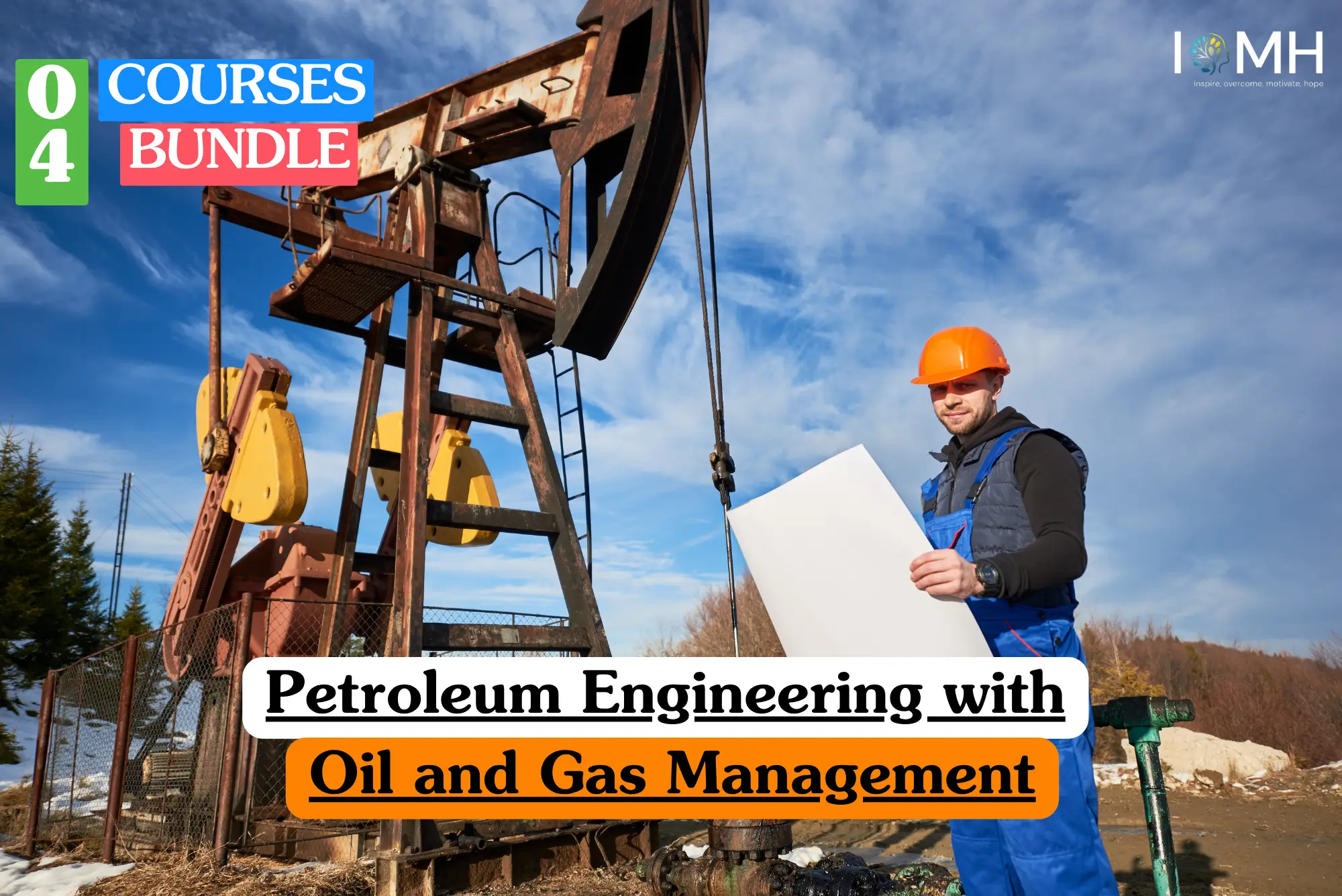 Theoretical industrial engineering and energy sector training banner featuring a male engineer in a bright orange hard hat and blue protective overalls holding a technical blueprint in an outdoor field with a large yellow and brown pumpjack, representing the study of extraction technologies, petroleum reservoir engineering, and fossil fuel infrastructure management.