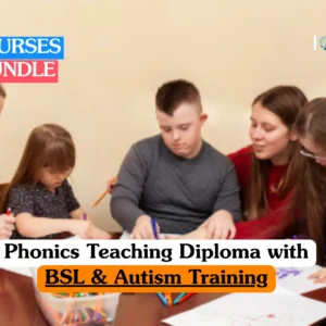 Theoretical special educational needs and phonics instruction training banner featuring a female educator in a pink and white striped jumper supporting four young students with diverse learning needs engaged in a creative drawing activity.