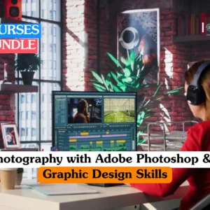 Theoretical creative arts and digital design training banner featuring a female professional in a red shirt and headphones performing video editing and post-production on a large desktop monitor in a modern studio.