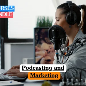 Theoretical creative media and digital marketing training banner featuring a male professional wearing studio headphones and speaking into a high-quality condenser microphone with a pop filter, representing the study of audio production, content distribution strategies, and digital brand marketing.