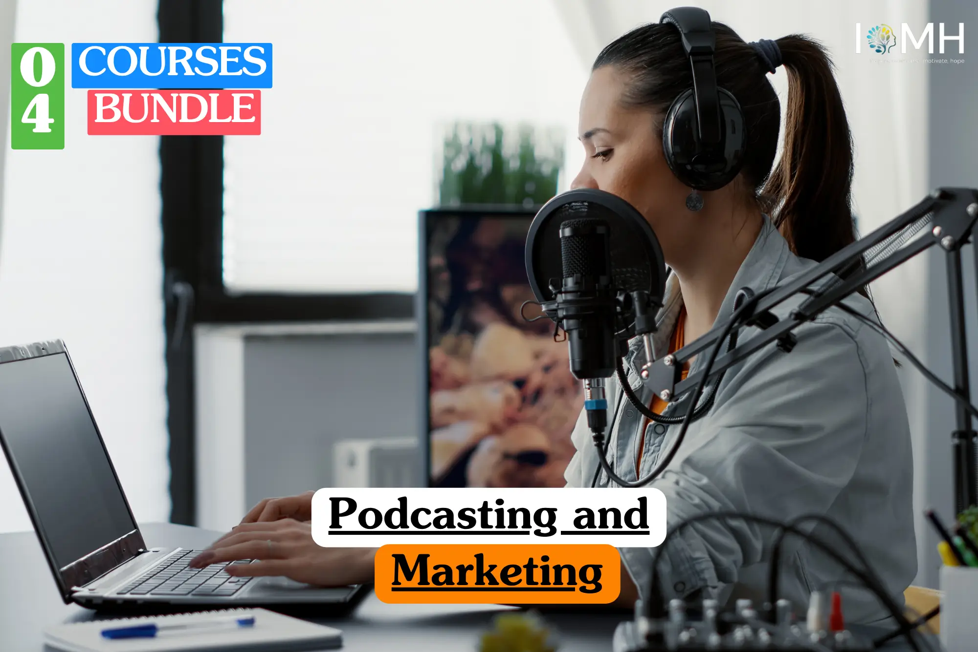 Theoretical creative media and digital marketing training banner featuring a male professional wearing studio headphones and speaking into a high-quality condenser microphone with a pop filter, representing the study of audio production, content distribution strategies, and digital brand marketing.