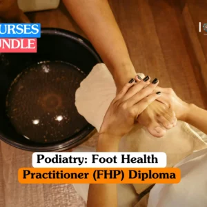 Theoretical podiatry and lower limb health training banner featuring a top-down view of a foot health practitioner performing a professional foot assessment and massage over a white towel next to a dark soaking basin.