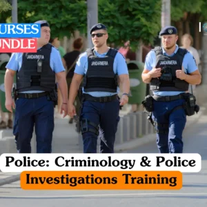 Theoretical criminal justice and law enforcement training banner featuring three male police officers in blue uniforms and black tactical vests walking along a sunny city street lined with trees and pedestrians.
